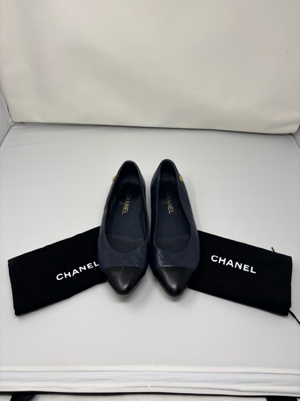 CHANEL blue and Black cap toe Flats Quilted Design Comfortable Everyday Wear